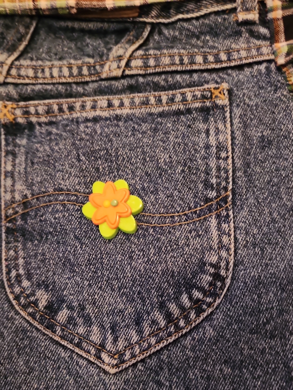 Upcycled Denim Waist Apron Plaid Ruffle Sunflower Boho Half Apron - Picture 7 of 9